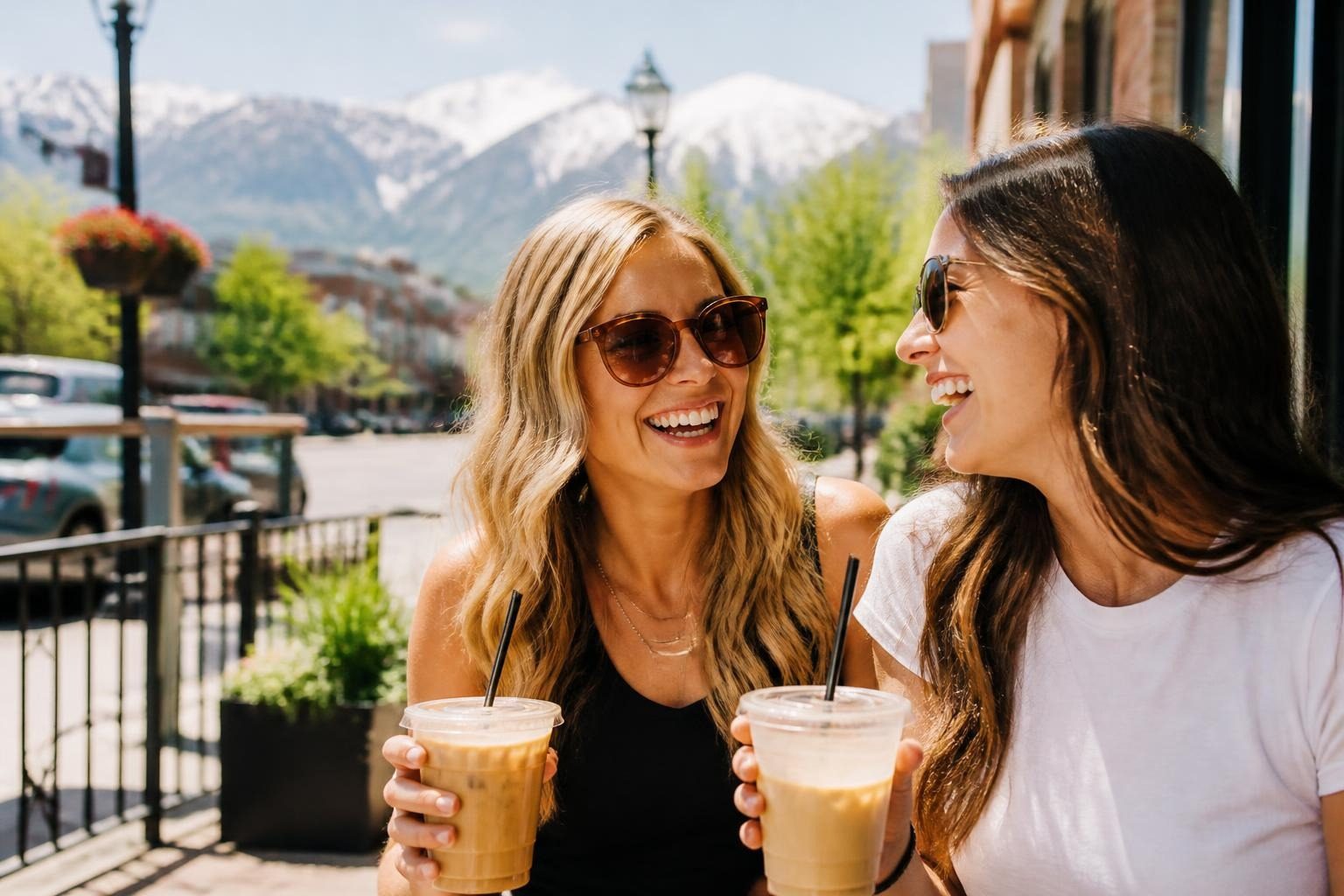 Two friends laughing over iced coffee in Salt Lake City