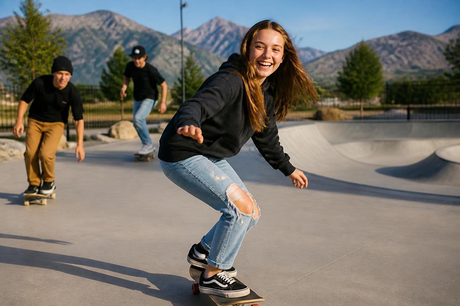 Teen skateboarding with friends at a Salt Lake Valley skate park
