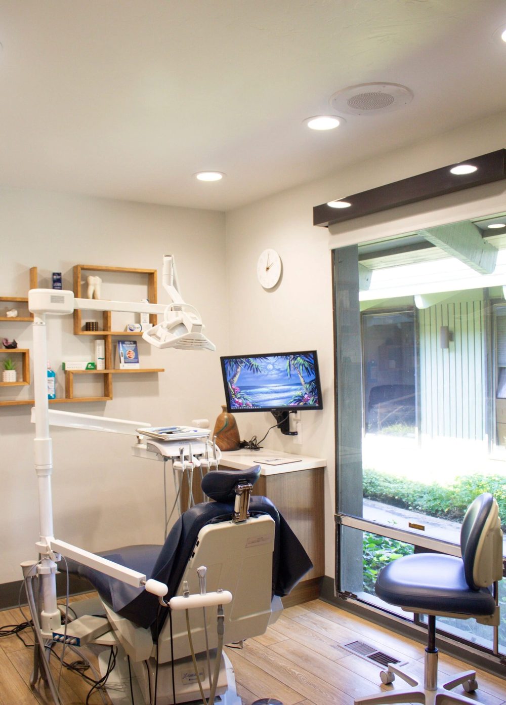 Treatment room with a big window and garden view